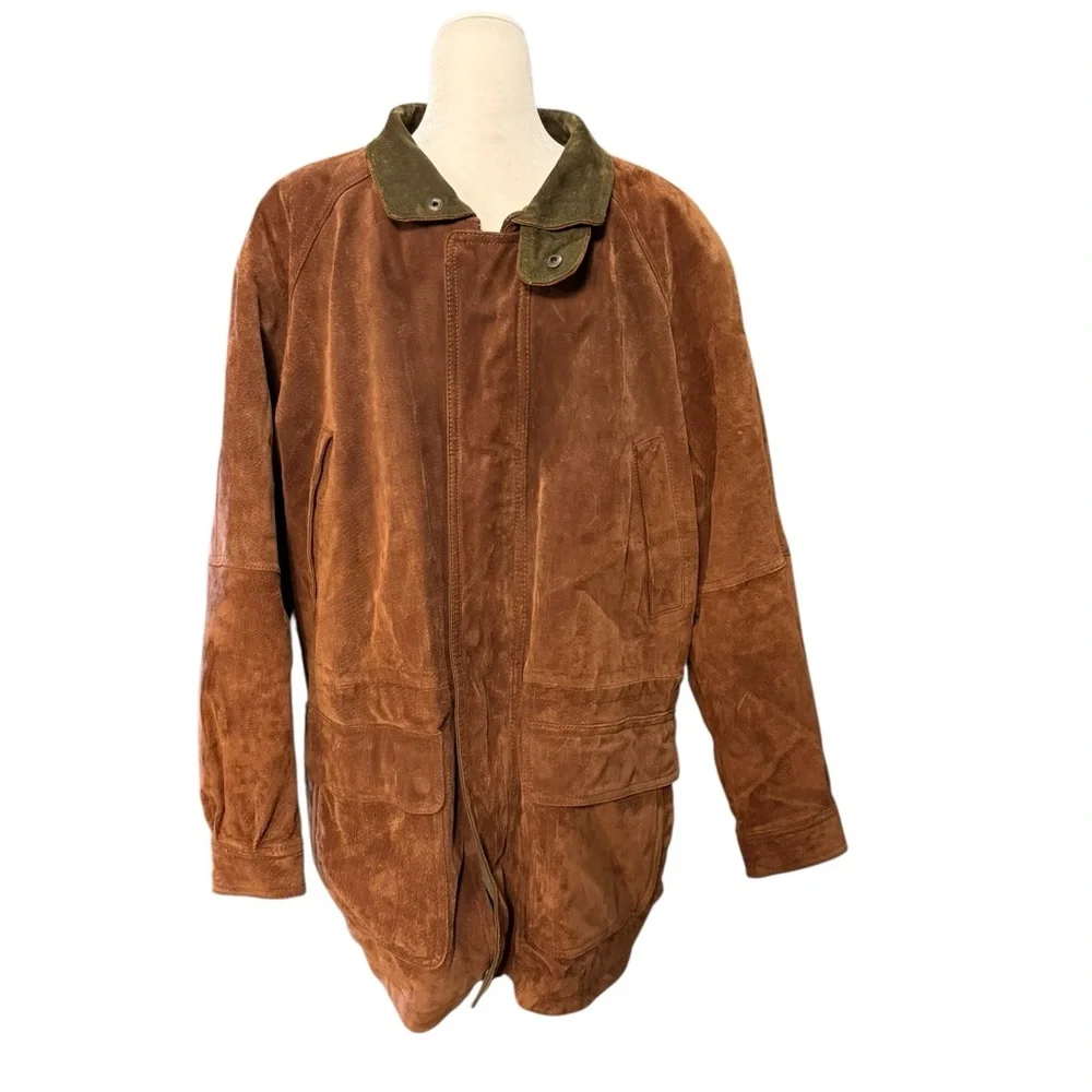 Vintage Y2K U2Wear Me Out Brown Suede Coat with Olive Suede Collar Size Large
